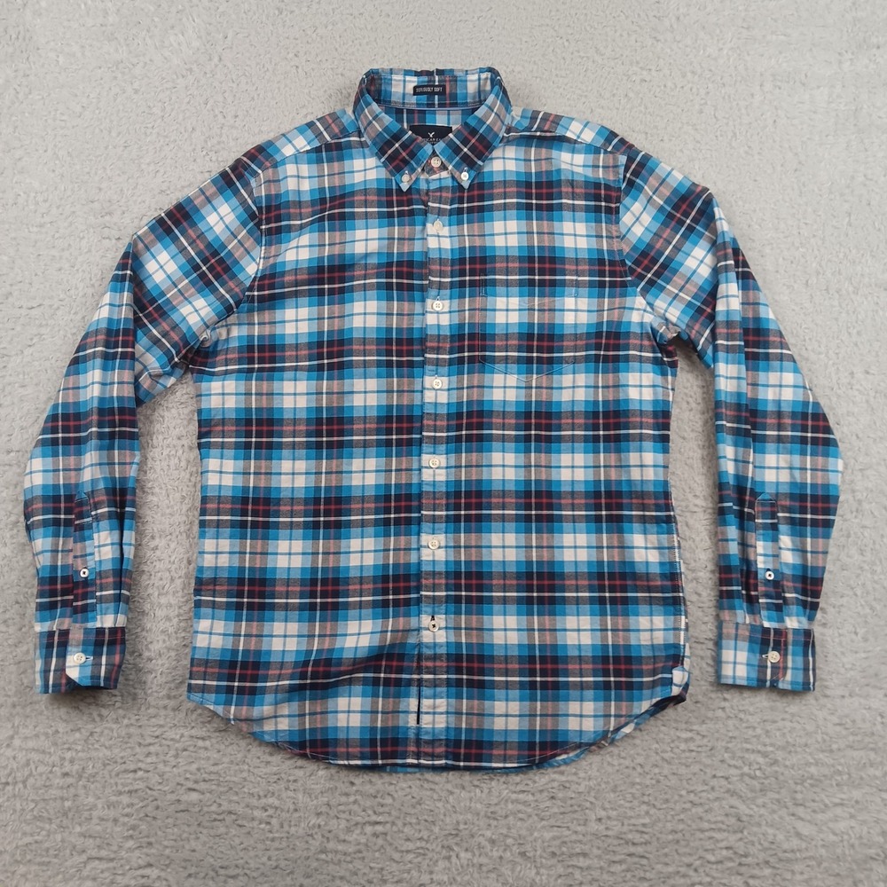 American Eagle Button Down Classic Fit Mens M Blue Plaid Seriously Soft Shirt